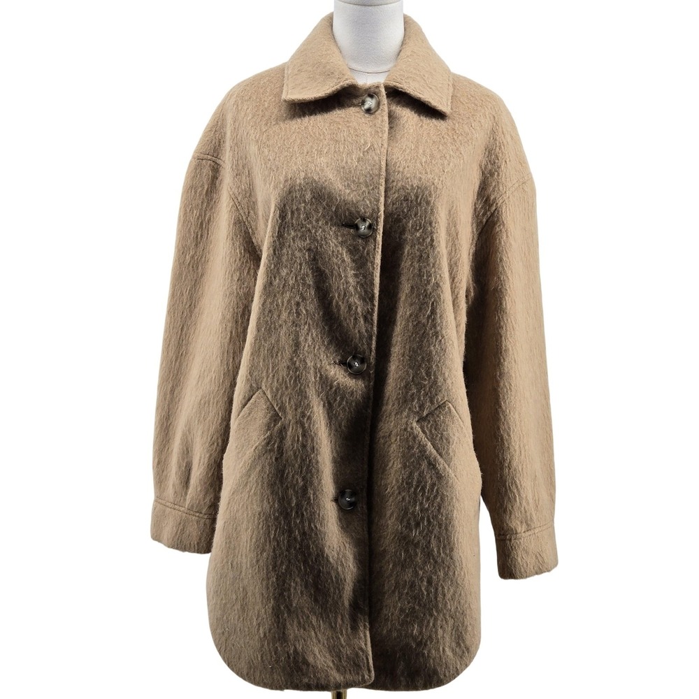 Topshop Coat Womens US 4 Beige Polyester Tweed Mid-Length Collared Pockets